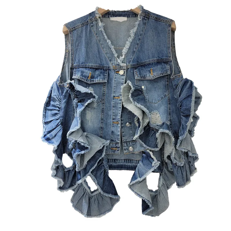 

New Women's Denim Vest Coat Sleeveless Fashion Ruffles Design Streetwear