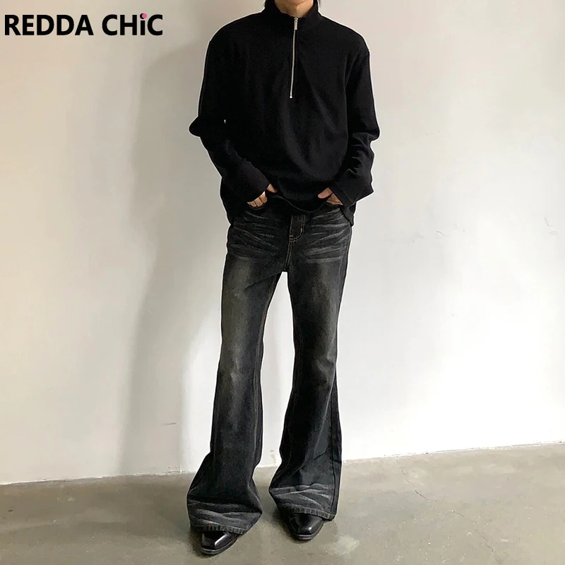 

REDDACHIC Harajuku Men Whiskers Black Flare Jeans Loose Casual Wide Leg Bootcut Pants Vintage Y2K Trousers Acubi Fashion Clothes