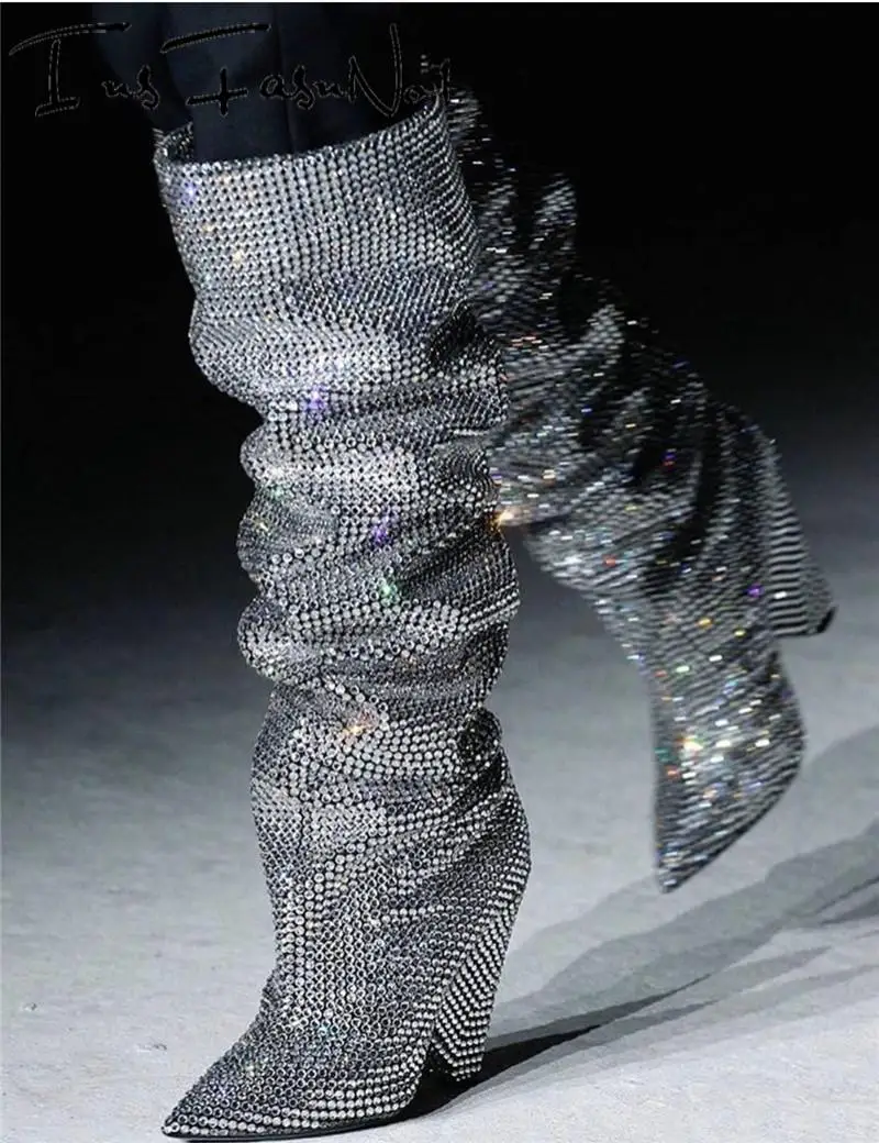 Bling Over The Knee Boots Crystal Women High Heel Thigh Boots Strass Shoes Pleated Spike Heel Rhinestone Long Wedding