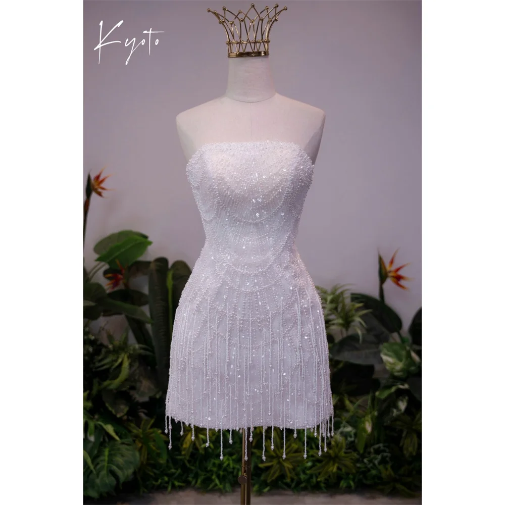 Kyoto Customized White Luxury Beaded Tassel Wedding Dress Strapless Mini vestidos de noche Lace-Up Back After Party Gown 2026