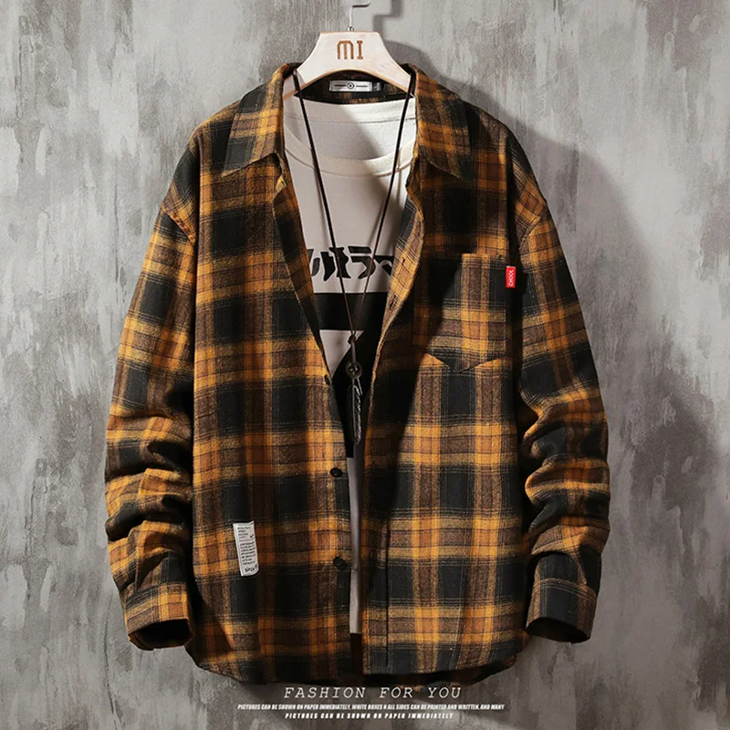 Men Casual Long Sleeve Plaid Shirt Harajuku Checkered Shirt M-5XL