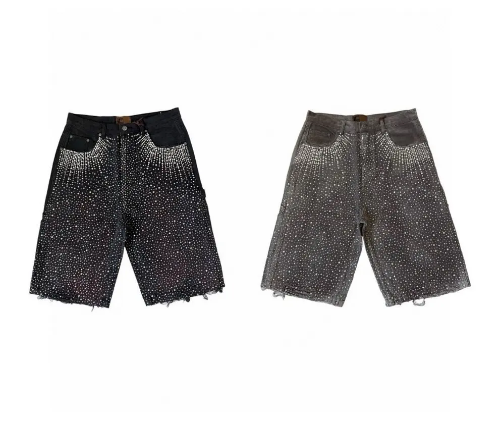 Streetwear Retro Ripped Denim Shorts Men Women Harajuku Hip Hop Punk Twinkle Rhinestone Short Jeans Gothic Brown Baggy Shorts denim shorts summer jeans shorts