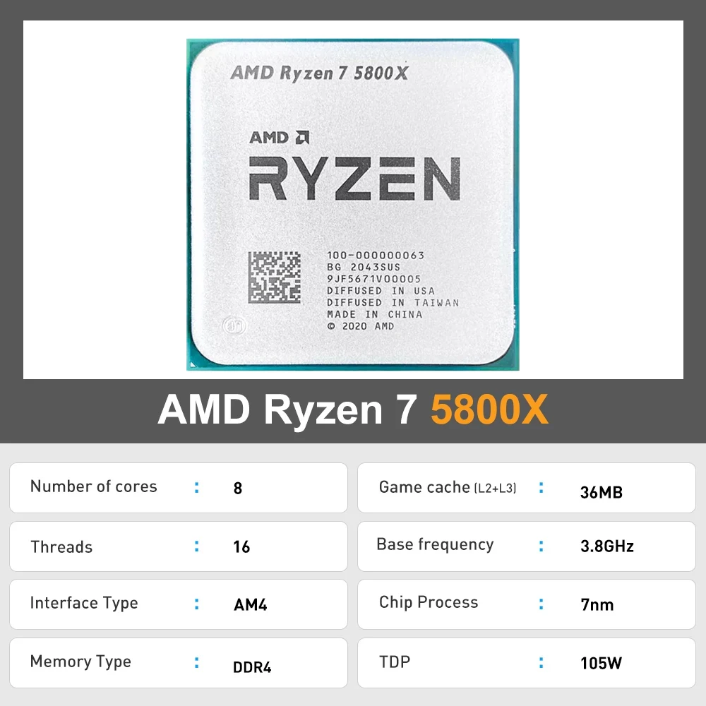 AMD Ryzen 7 R7 5800X 3.8GHz 8-Core 16-Thread CPU Processor Socket AM4