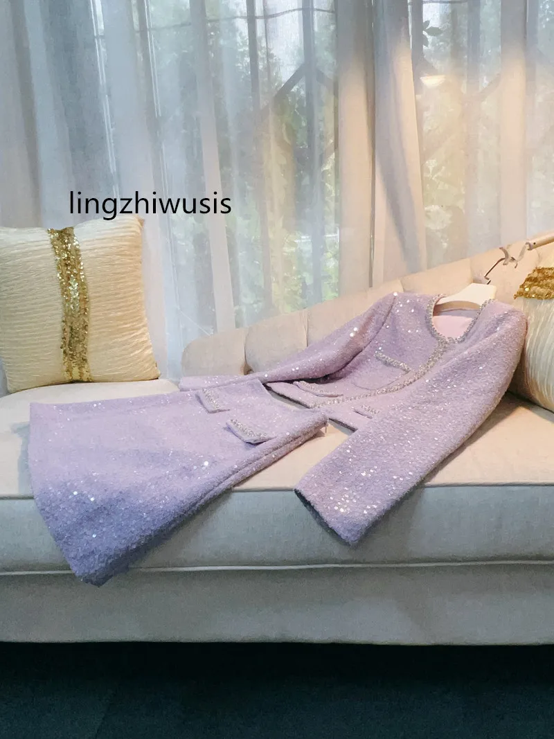 

Women Tweed Skirt Suit Autumn Female 2023 French Ladies Purple Sequins Fashion Set Twinset New Arrive