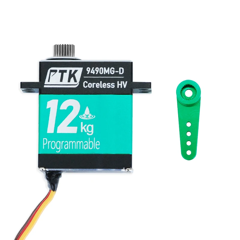 Vue détaillée du servo RC 12KG Coreless avec ses câbles et connecteurs, boîtier de programmation 9490 à côté.