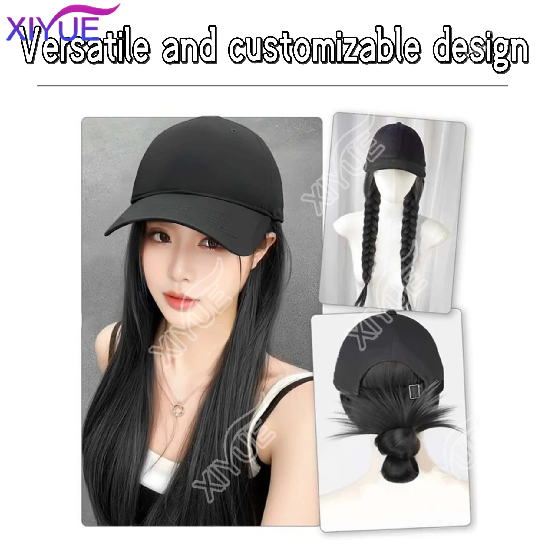 XY Synthetic Hat Wig with Long Straight Black Hair Baseball Cap Hair Extension Stylish & Convenient All-in-One Design for Women