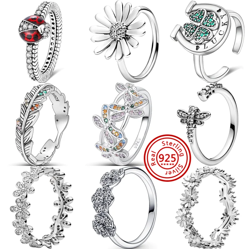 

925 Sterling Silver Shiny Pantaro Rings Lucky Four Leaf Clover Dragonfly Ladybird Flower Daisy Clear Zircon Circle Rings Jewelry