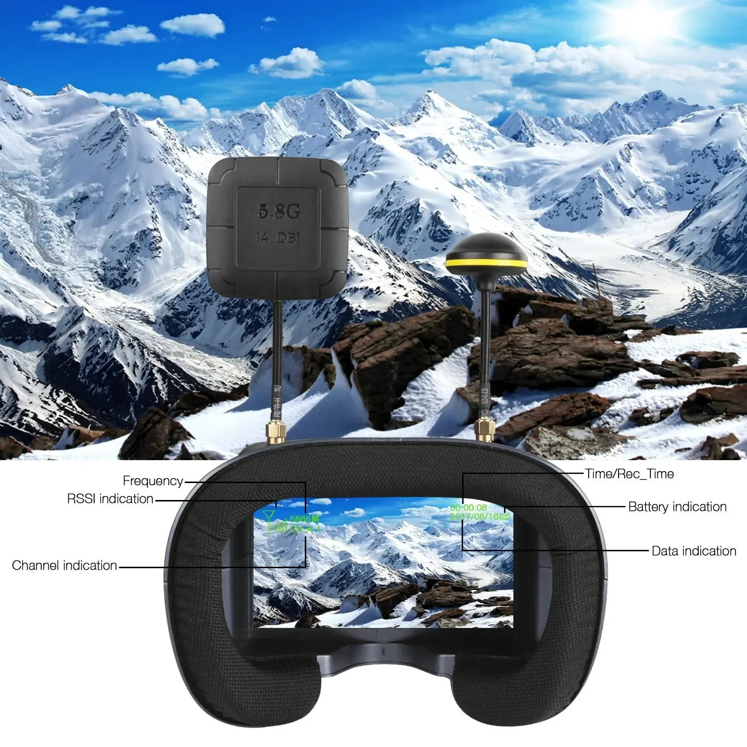 Casque FPV EV800D porté par un pilote, avec antennes et câble d'alimentation