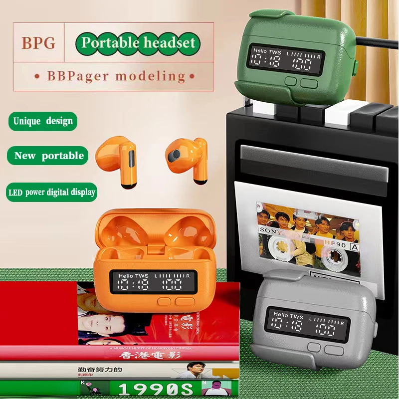 Portable Wireless Bluetooth 5.2  Earphones Unique Retro Personalized Trend Battery and Time Digital Display Noise Cancelling Mic