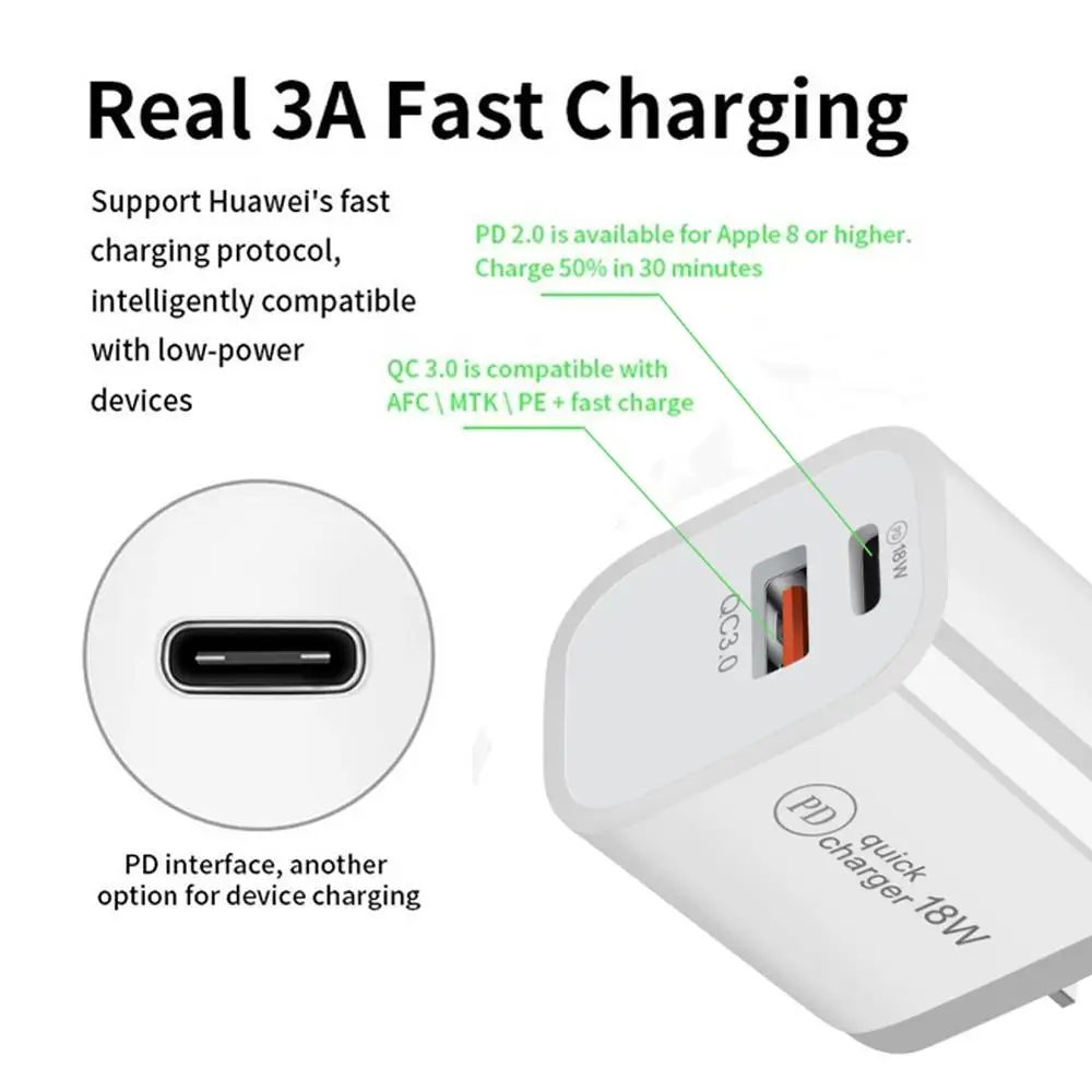 18W PD QC 3.0 듀얼 USB 충전기, 빠른 충전, EU, 미국, EU, AU 플러그, 아이폰 X, 8 플러스, 노트 9, 10, 전원 공급, 휴대폰 어댑터