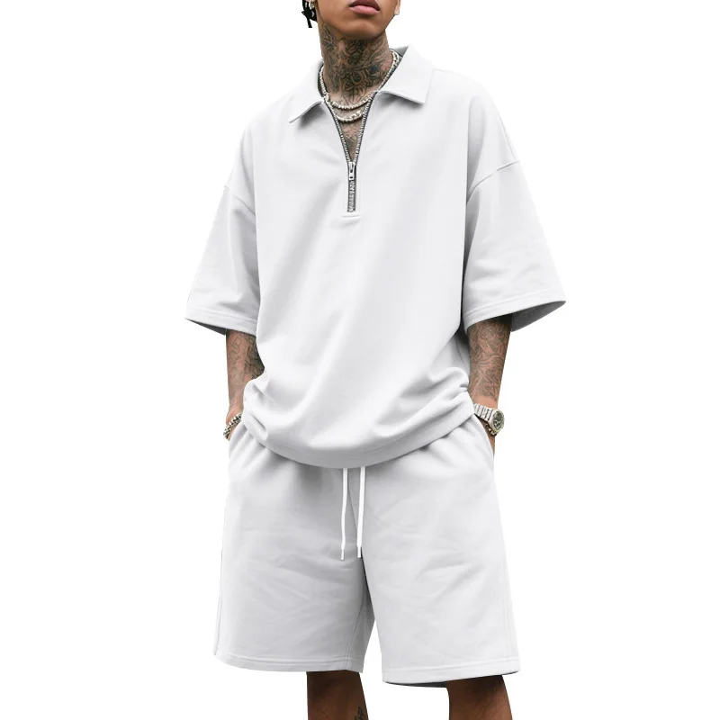 Herren Hip-Hop Baggy 2-Teilige Sets Sommer Einfarbig Reißverschluss Polo-Top Shorts Lässige Mode Streetwear Outfits – Detail 3