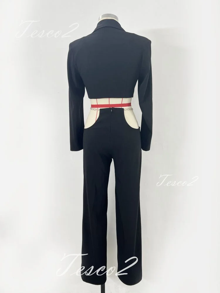 Tesco Chic Women's Pant Sets Short Blazer Suit+Chain Wide Leg Pants Women Sexy Suit For Club Party Female Outfits 2 Piece