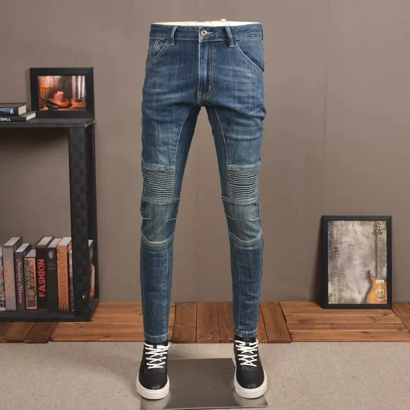 High Street Fashion Men Jeans Retro Blue Slim Fit Spliced Biker Jeans Homme Zipper Designer Hip Hop Pants Men Wrinkled Trousers