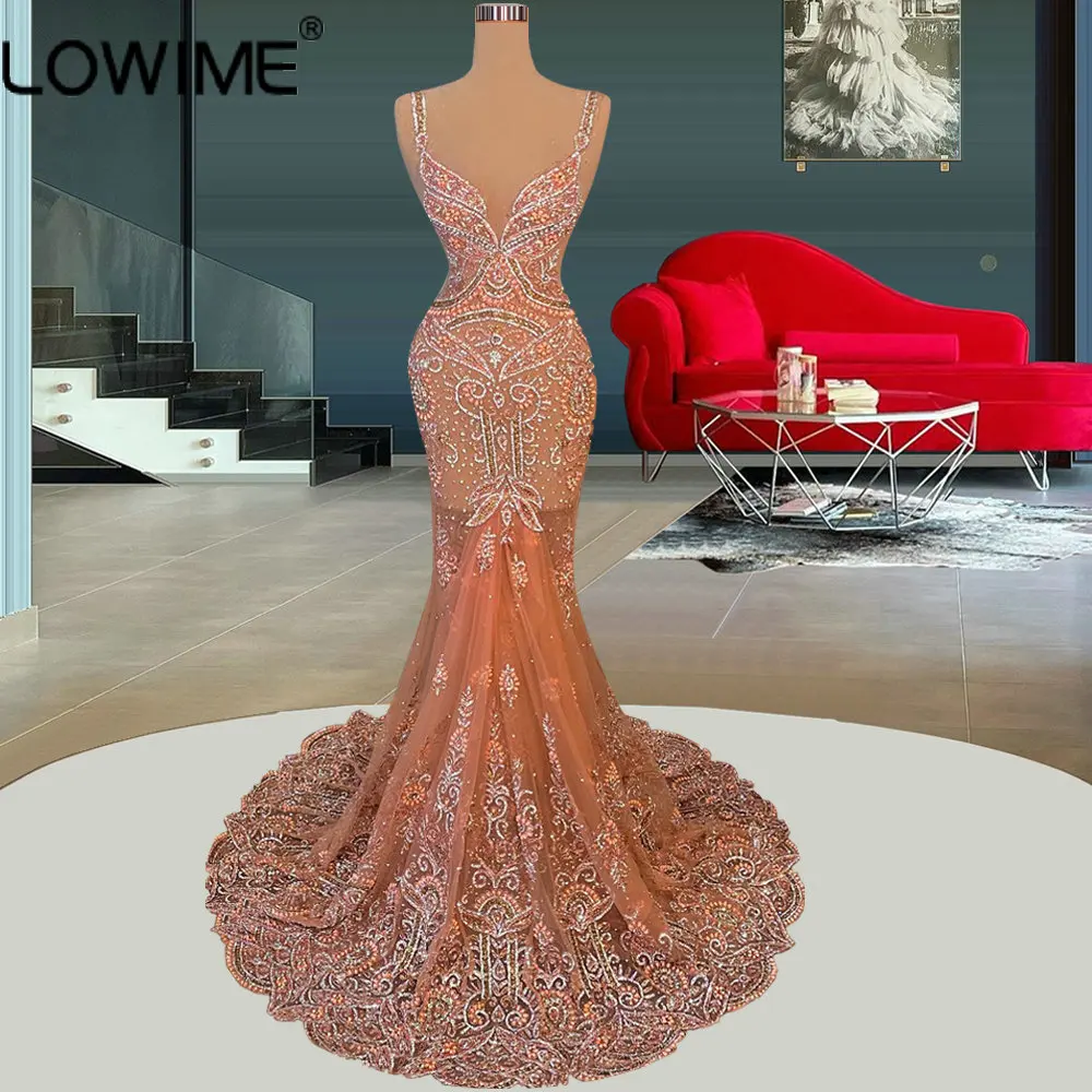 

Luxury Full Beaded Evening Dresses Sexy Spaghetti Straps Long Pageant Event Party Gowns Fit and Flare Robes De Soiree