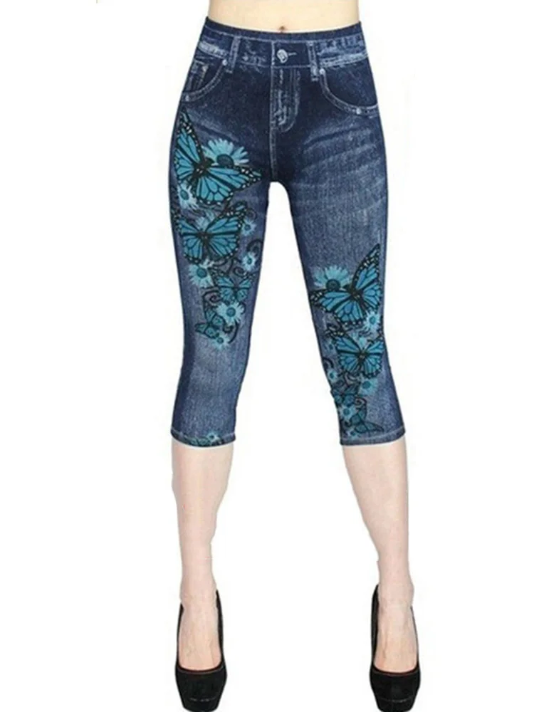 YSDNCHI Blue Faux Jeans Workout Women Push Up Gym Butterfly Printed Leggings Sport Leggin Stretchy Short Pants Hot Sale Capris nike leggings