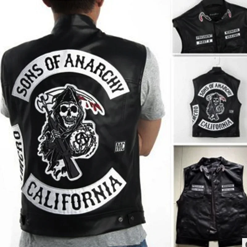 

2020 Leather Vest Men Motorcycle Cosplay Costume Sleeveless Jacket Sons Of Anarchy Embroidery Rock Punk PU Vest V Neck