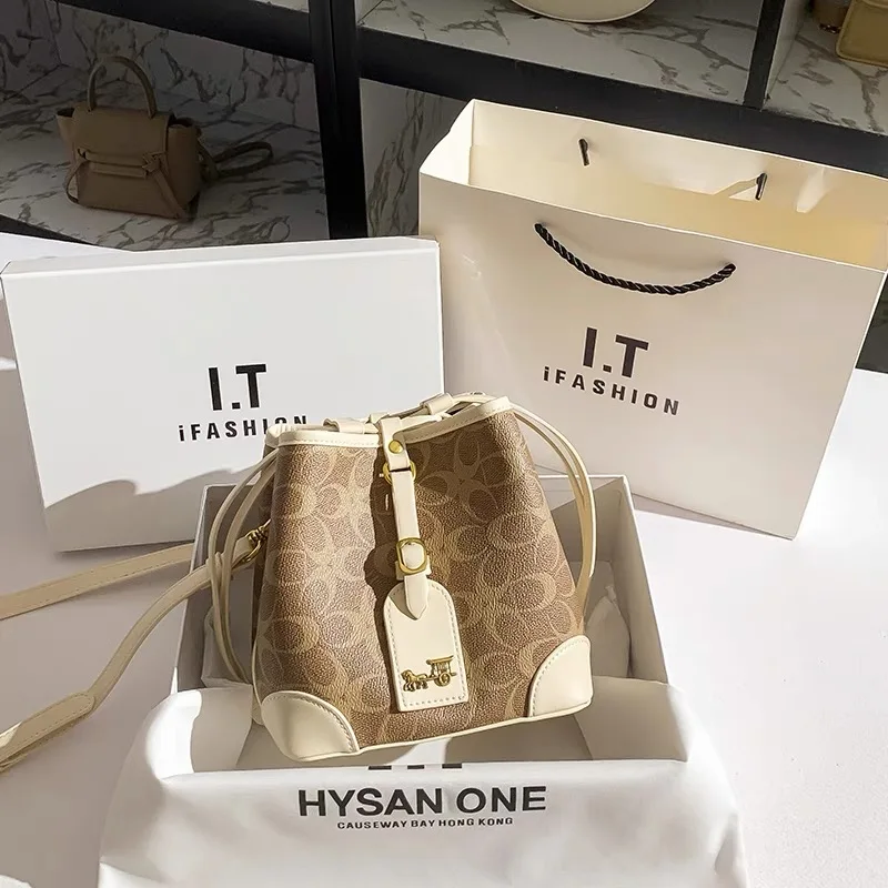 حقيبة يد نسائية فاخرة خفيفة، حقيبة دلو برباط على ا...