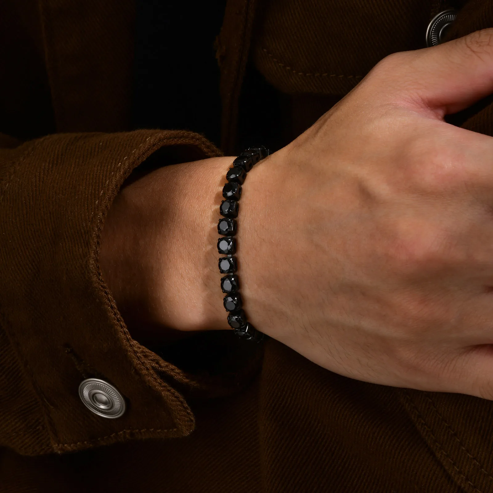 Stilvolle 5-mm-Tenniskettenarmbänder für Herren, wasserdichtes schwarzes Edelstahl-Gliederarmband mit CZ-Stein, Geschenke für Ihn, Schmuck – Detail 2