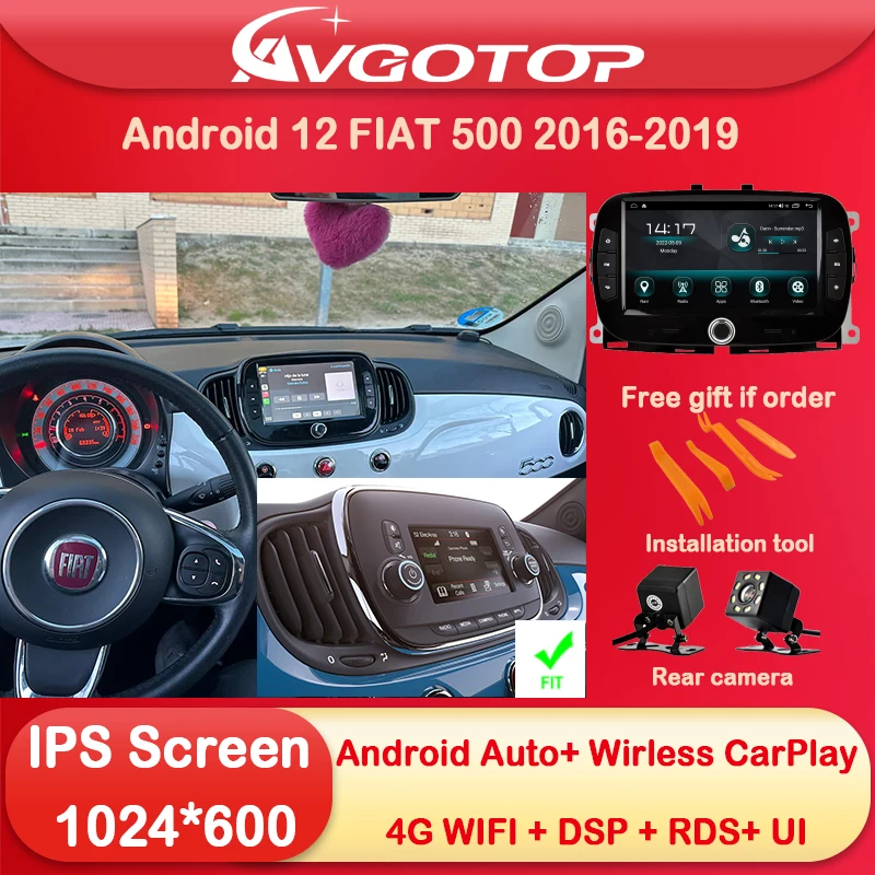 Android 12 rádio do carro estéreo multimídia para fiat 500 2016 2017 2018 2019 sem fio carplay