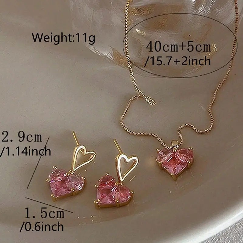 Scdd8cfc2e61842558629cde8f80ff5e88 3pcs Trendy Y2k Heart-shaped Zircon Pink Crystal Pendant Earrings Necklaces Set for Women Heart Elegant Exquisite Party Jewelry Mallzona