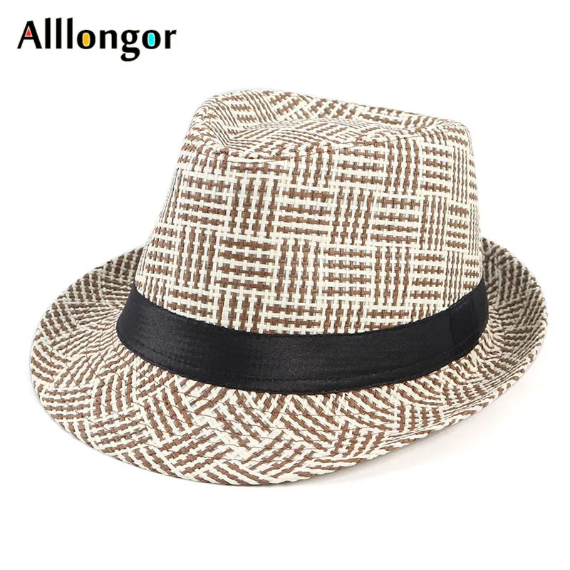 Summer Fedora Hat Men 2022 Gentleman Short Sleeve Plaid Design Paper Straw Sun Hat Beach Panama Jazz Top Cap Sun Protection Caps yellow fedora