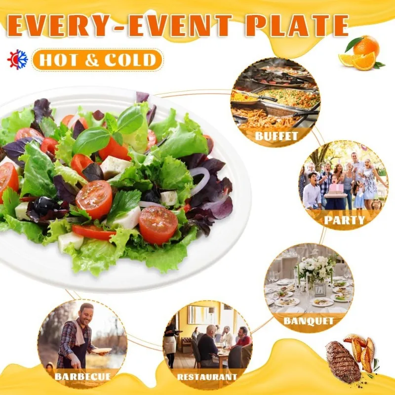 100 PCS Compostable Oval Paper Plates, 12.5 Inch White Bagasse Plates, Heavy Duty Disposable Dinner Platters for Restauran