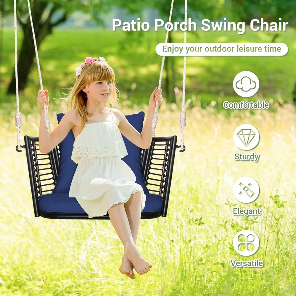 Metal Porch Swing, Single Person Hanging Seat w/Woven Rattan Backrest, 2 Sturdy Hanging Ropes, Patio Swings 5