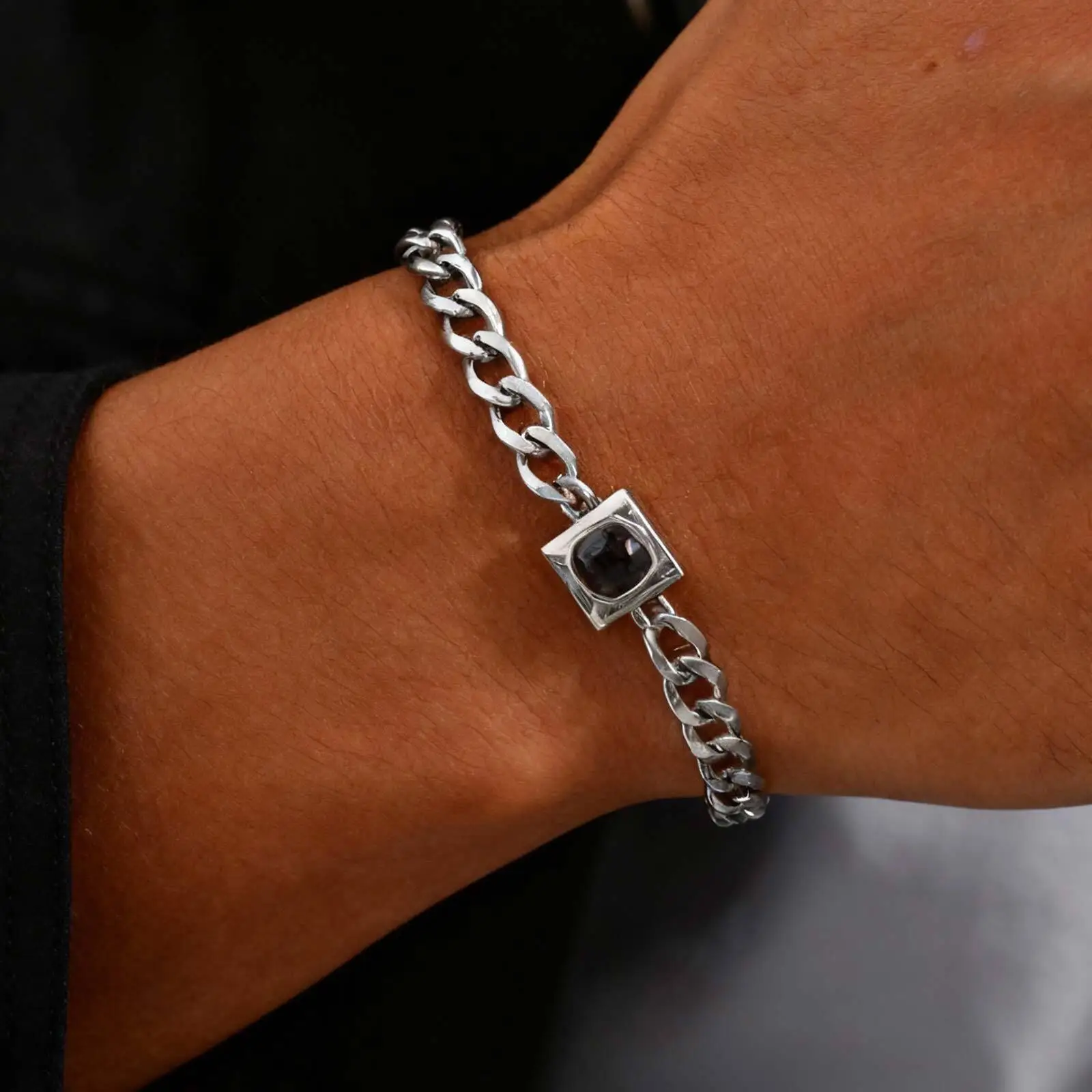 Photo Projection Stone Bracelet for Men Women,Stainless Steel Cuban Chain Wristband,Silver Gold Black Color Adjustable Chain