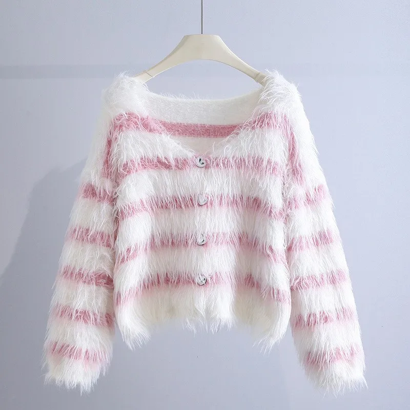 

Autumn Winter Coat Sweater Female Long Sleeve Fashion Loose V Neck Striped Casual Warm Cropped Sweaters Women Knitted Cardigan