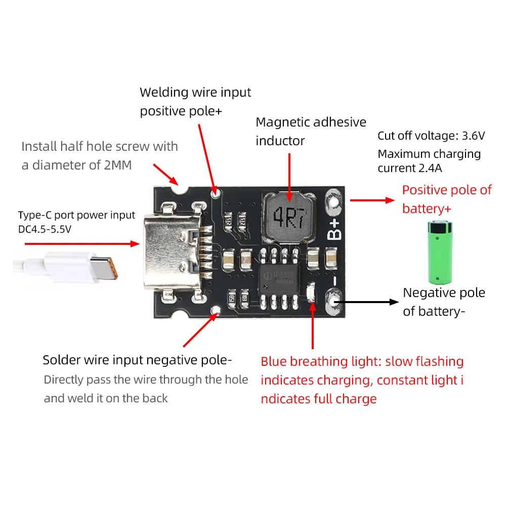 1S 3.2V/3.6V 2.4A Charging Board LiFePO4 Battery Dedicated Charging Module High Current Charging Board Type C DC 4.5-5.5V - 5
