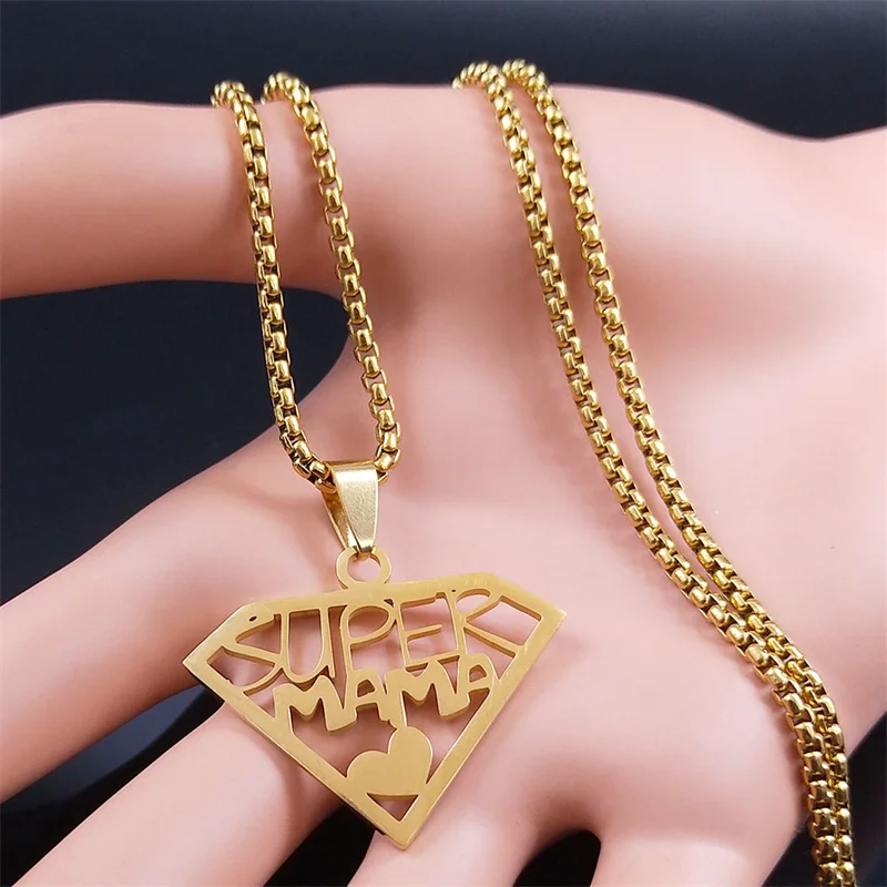 Super Mama Papa Mom Dad Necklace for Women Men Stainless
