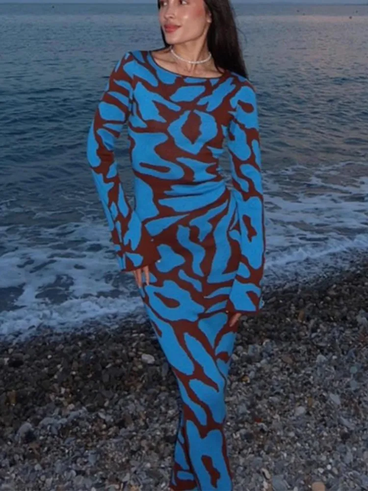 

RDMQ 2023 Women Print Bodycon Flare Long Sleeve Knitting Dress Female Ruffled Hip Package Hem Vestidos Elegant High Waist Robe