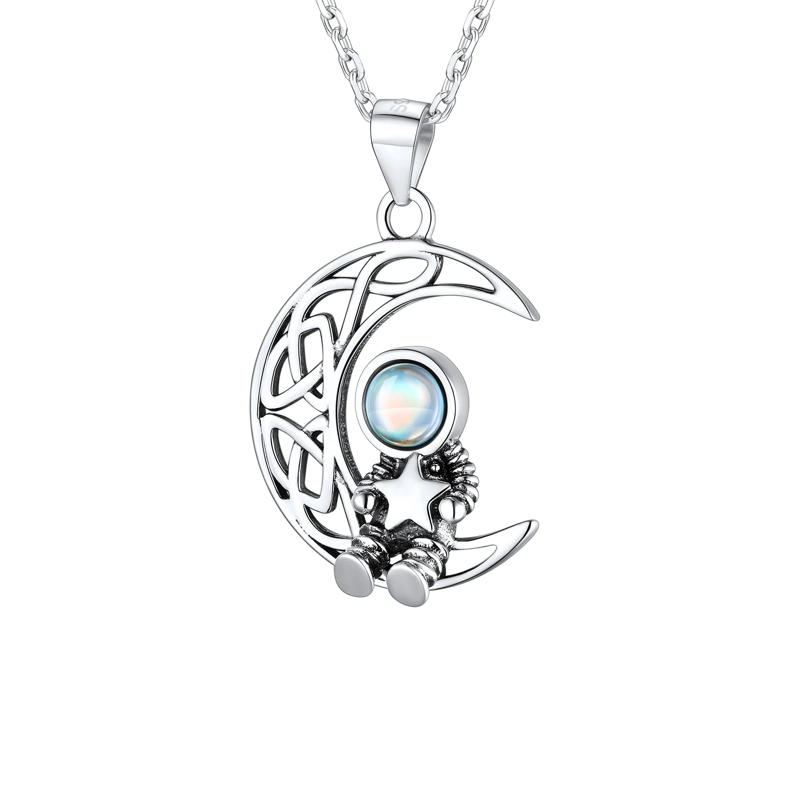 

Crescent Moon Pendant 925 Sterling Silver Moonstone Astronaut Necklace Celtic Knot Grain Space Jewelry for Teen Boys Girls