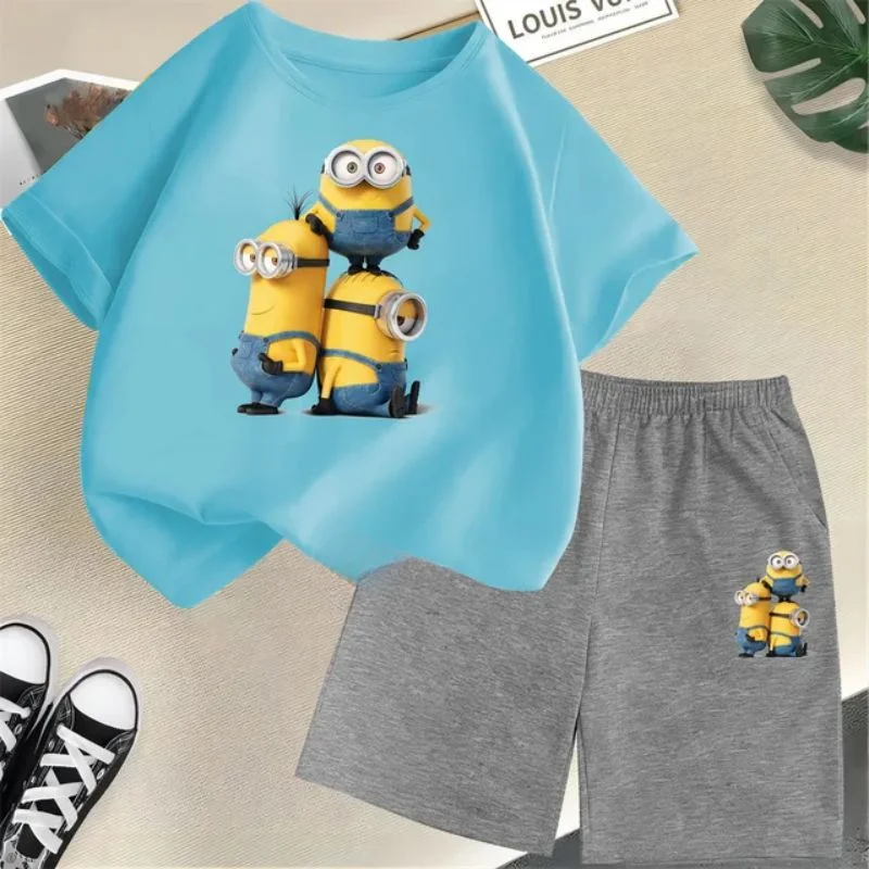 Conjunto de camiseta y pantalones cortos de dibujos animados de Minions Despicable Me para niños y adolescentes de verano de 2024, ropa para niños y niñas, camiseta de manga corta, traje de moda