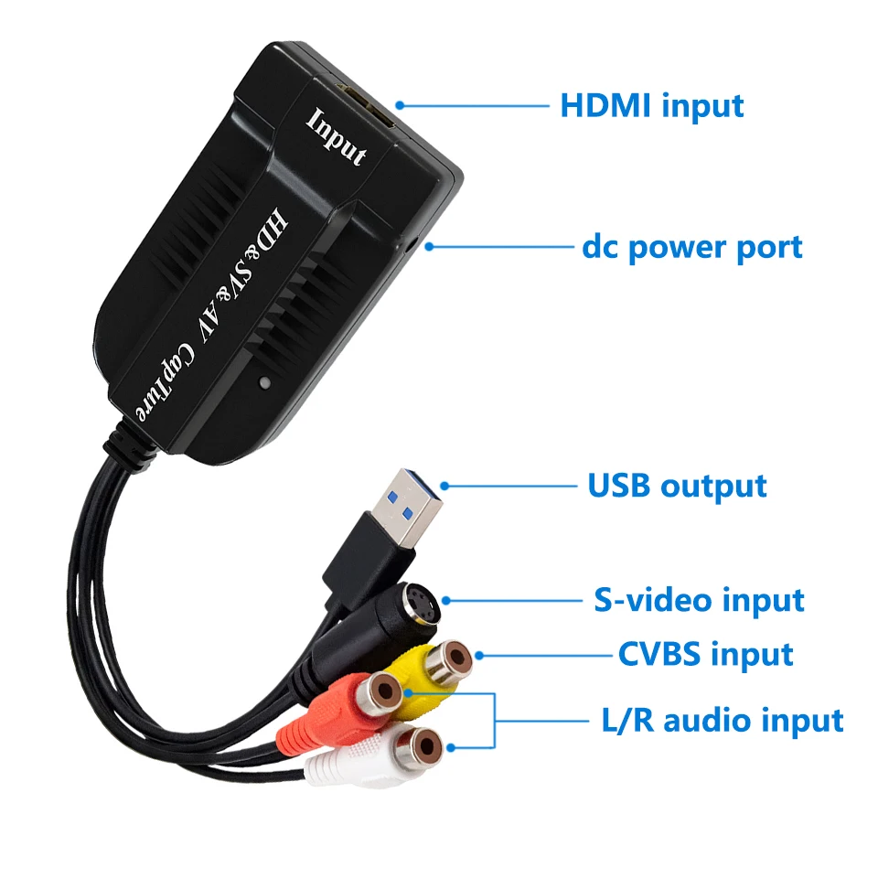 USB Video Capture Card VHS to Digital Converter HD/RCA/S-video to USB2.0 Audio Video Record Capture Device for Hi8 DVD PS3 PS4 2