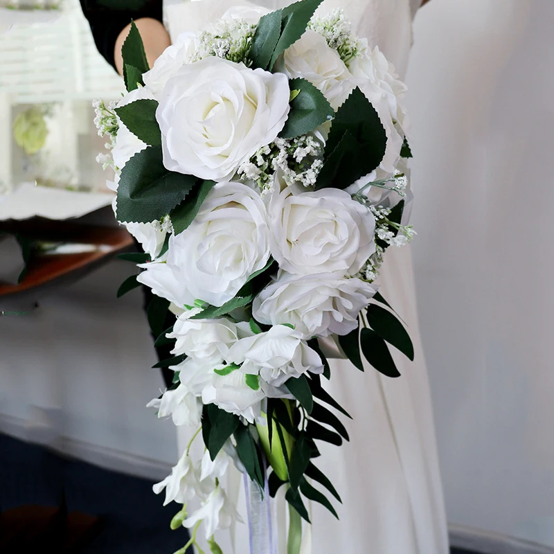 

Bride Waterfall Bouquet Bridesmaid Artificial Wedding Flowers Decor Home Party Supplies Fake Floral Table Centerpiece Arrange