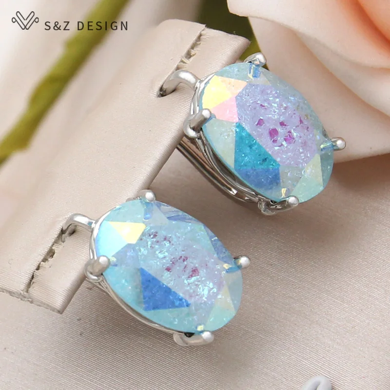 S&Z DESIGN New Fashion 585 Rose Gold Color Ice Crack Egg Shape Oval Crystal Dangle Earrings For Women Wedding Party Jewelry
