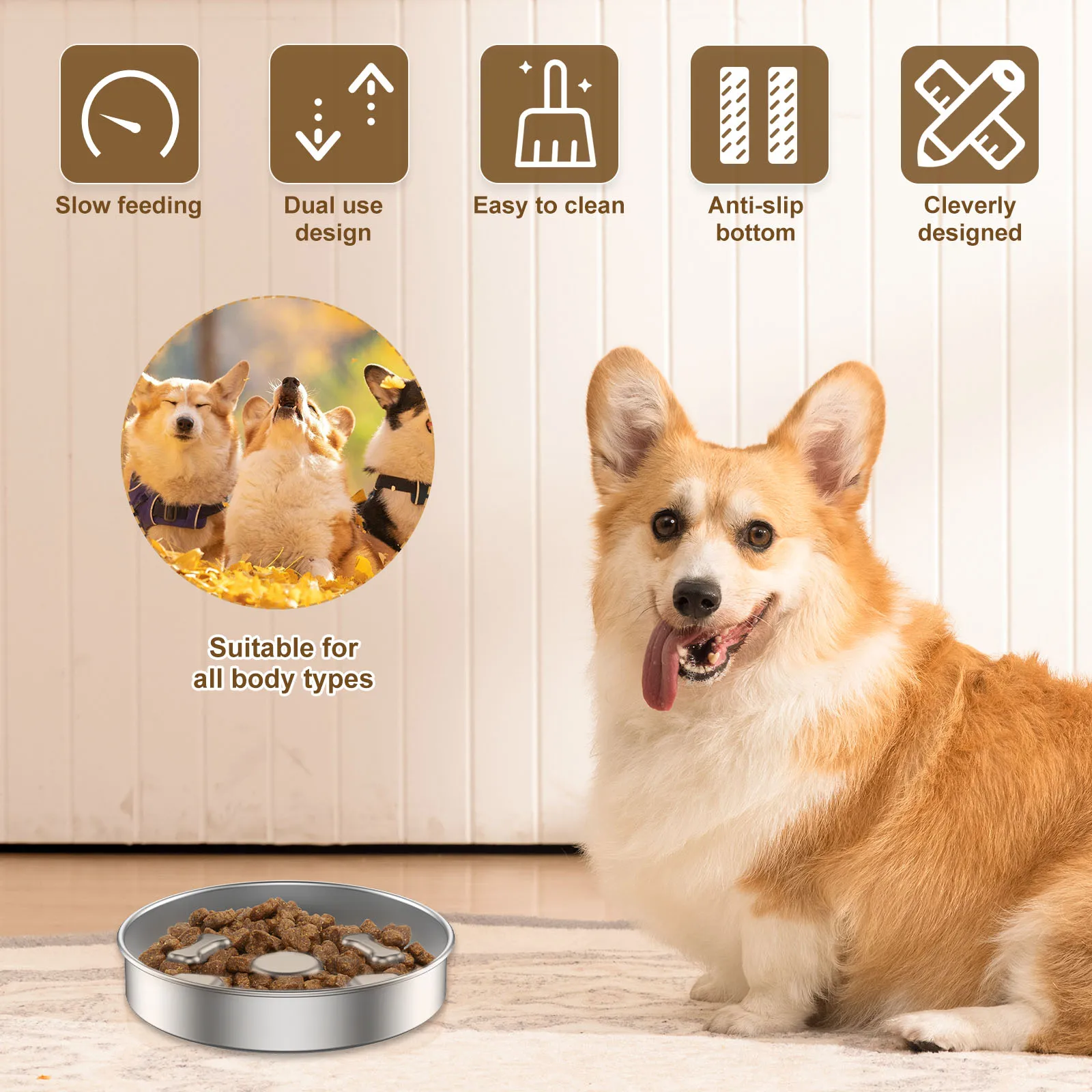 Stainless Steel Pet Bowl Anti Choke Dog Slow Food Bowl with Non Slip Base Double-sided Usable Cat Feeding Bowl Home Pet Supplies