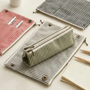 Astuccio in tela a righe, portapenne a doppia cerniera di grande capacità, organizer per cancelleria, borsa portaoggetti portatile per il ritorno a scuola