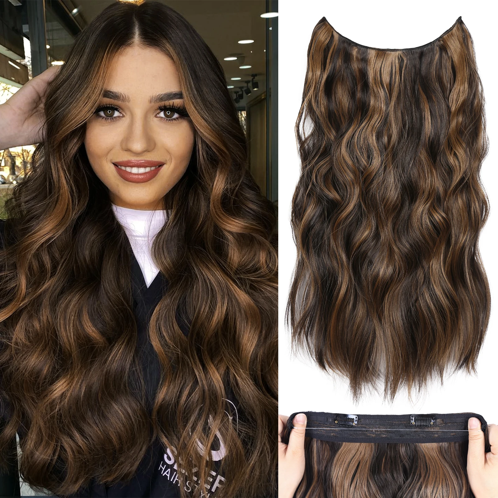 

2Clips Fish Line Layered Hairpiece Synthetic Wire Hair Extensions 20Inch Long Wavy False Hair Piece Clips On Hair Extensions