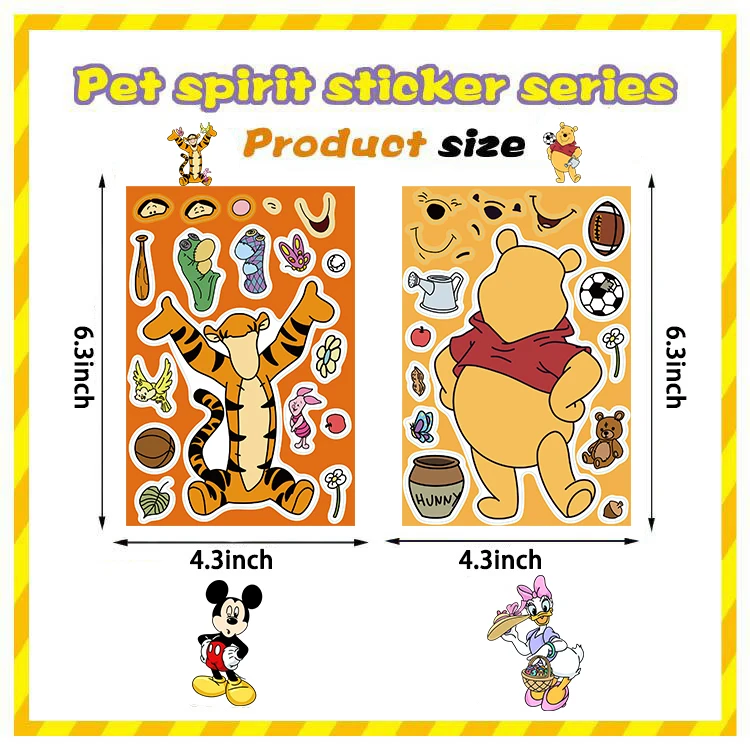 8/16/32Pcs Children DIY Puzzle Sticker Winnie Mickey Character Face Assemble Stickers Kids Toys Boys Girls Gifts Decals 4