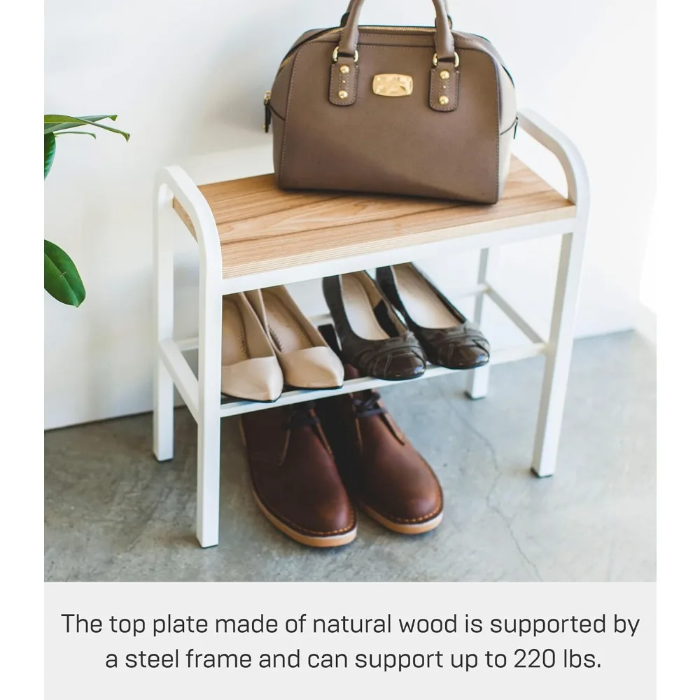 home tower shoe organizer rack with wooden top, storage table for entryway with handles, 18" - steel + wood - holds 4 pairs of