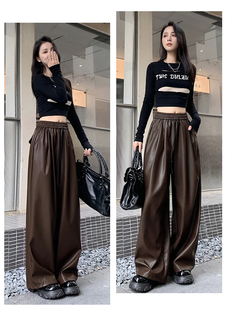 Herbst Einfarbig Klassische Volle Länge Gerade Frauen Hosen High Street Fashion Kordelzug Elastische Taille Weibliche Breite Bein Hosen – Detail 5