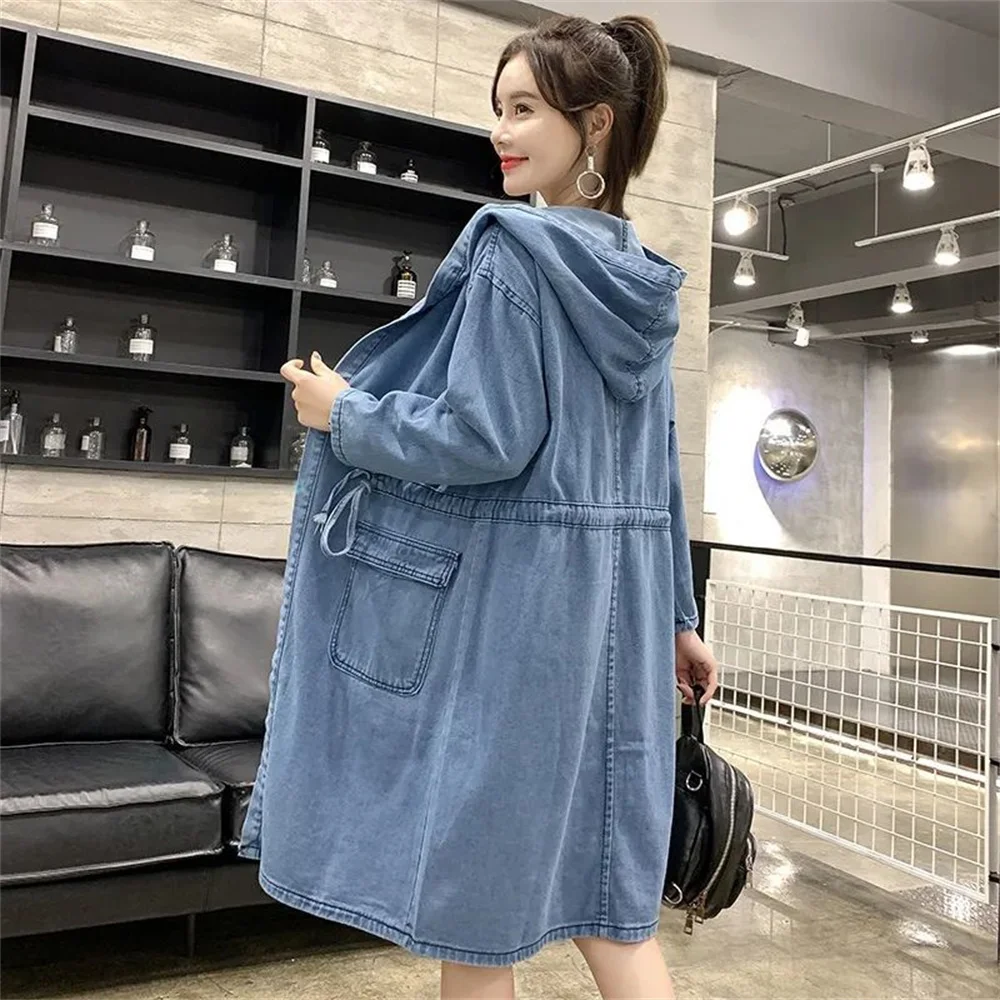 Spring and fall fashion casual loose women 2024 cowboy hooded trench coat mid-length denim jacket
