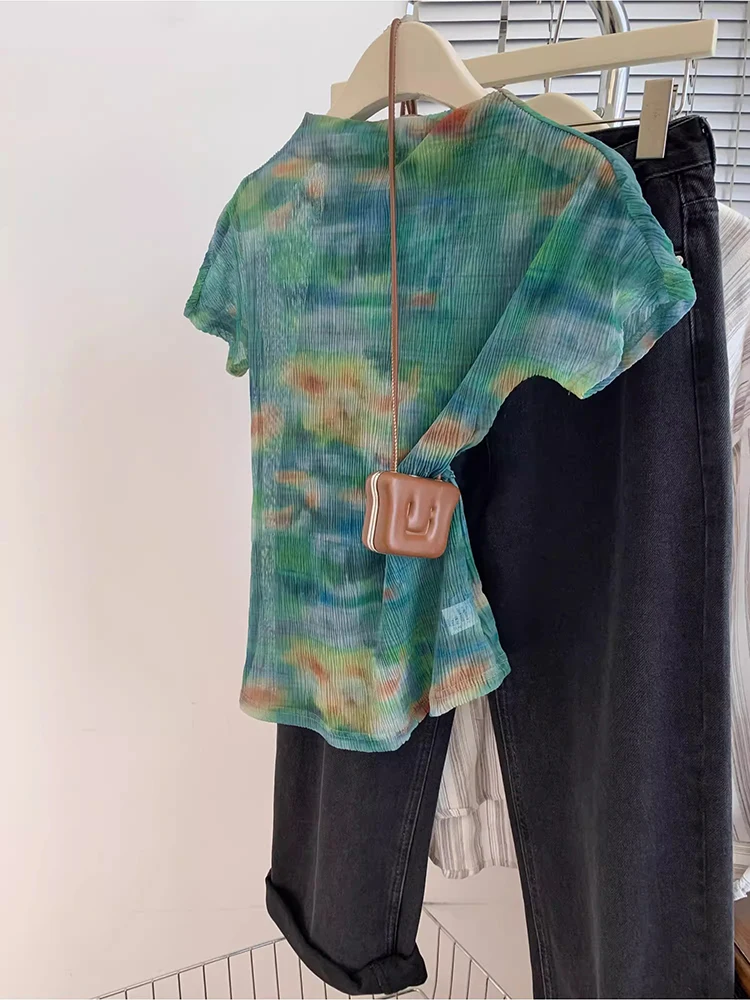 

Y2K 2000s Mesh T Shirts Women Streetwear Tie Dye Print Crop Tops Summer New Vintage Aesthetic Short Sleeve Slim Chic Tees