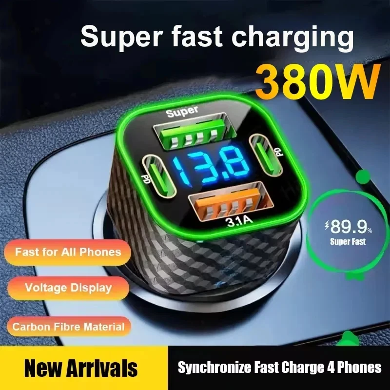New 380W USB C Car Phone Charger Dual PD 4 in 1 with Voltage Display Super Fast Charge Adapter for iPhone Oppo Vivo Samsung 1
