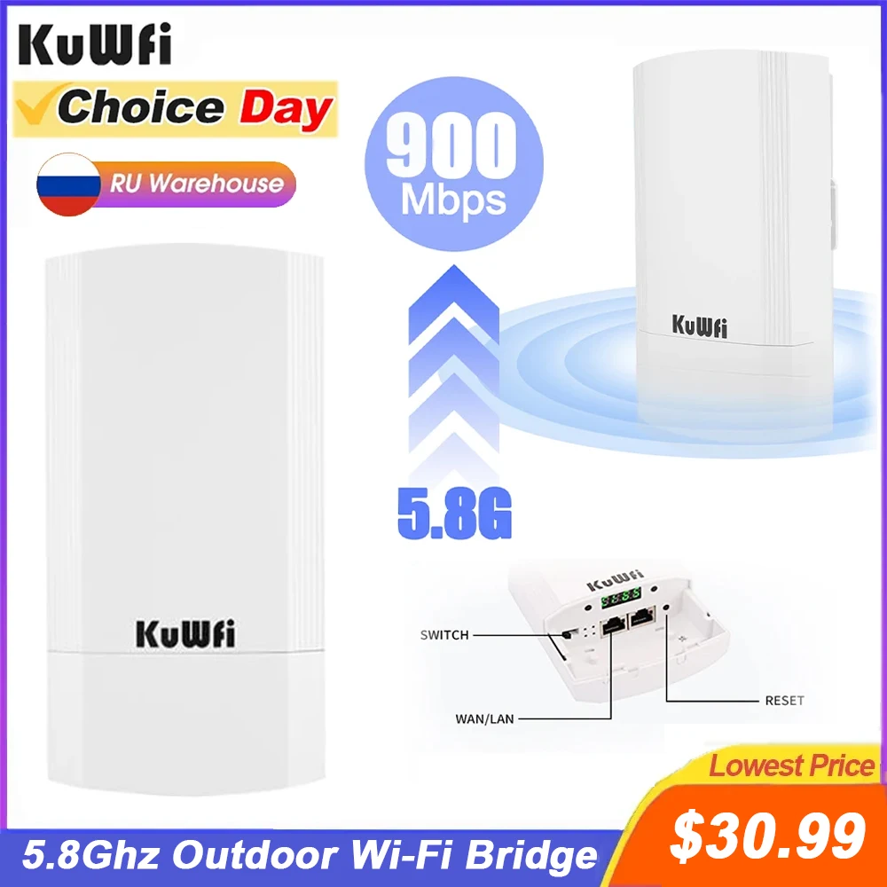 

KuWFi 5.8Ghz Outdoor CPE Bridge 900Mbps Wireless Wi-fi Bridge AP/Repeater Mode Bridge Point to Point 1-3KM with WAN/LAN Port