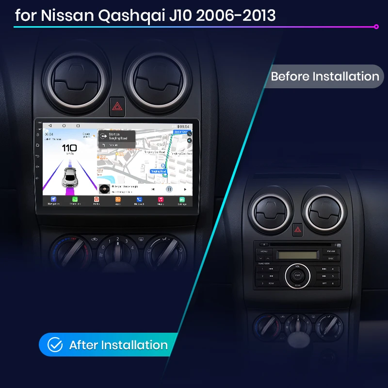 Junsun Qualcomm de 8 Núcleos 360 ° Radio para Auto con CarPlay y Android Auto (Cámara Opcional) para Nissan Qashqai J10 2006-2013, Sistema 2 DIN, Estéreo, GPS, SWC, Bluetooth, FM, RDS, DSP, Pantalla IPS, Sistemas Inteligentes para Auto, Voz AI, 4G, WiFi, 8 Núcleos, Plug&Play 2