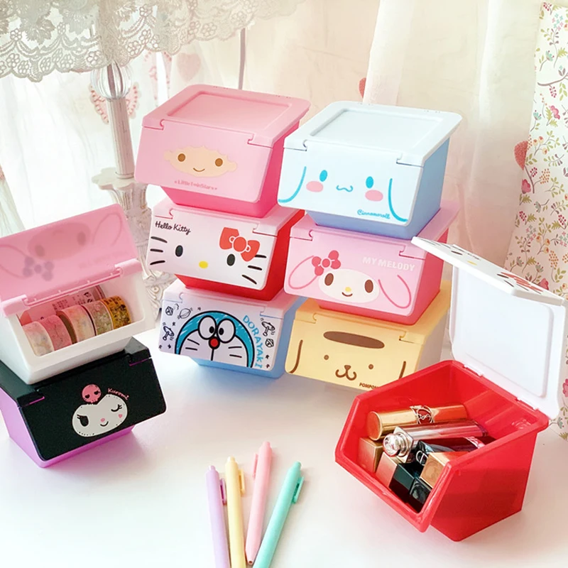 

Контейнер для хранения Sanrio, новый органайзер Hello Kitty Kuromi Cinnamoroll для украшений, макияжа, Домашний Органайзер, коробка аниме, Штабелируемый с крышкой