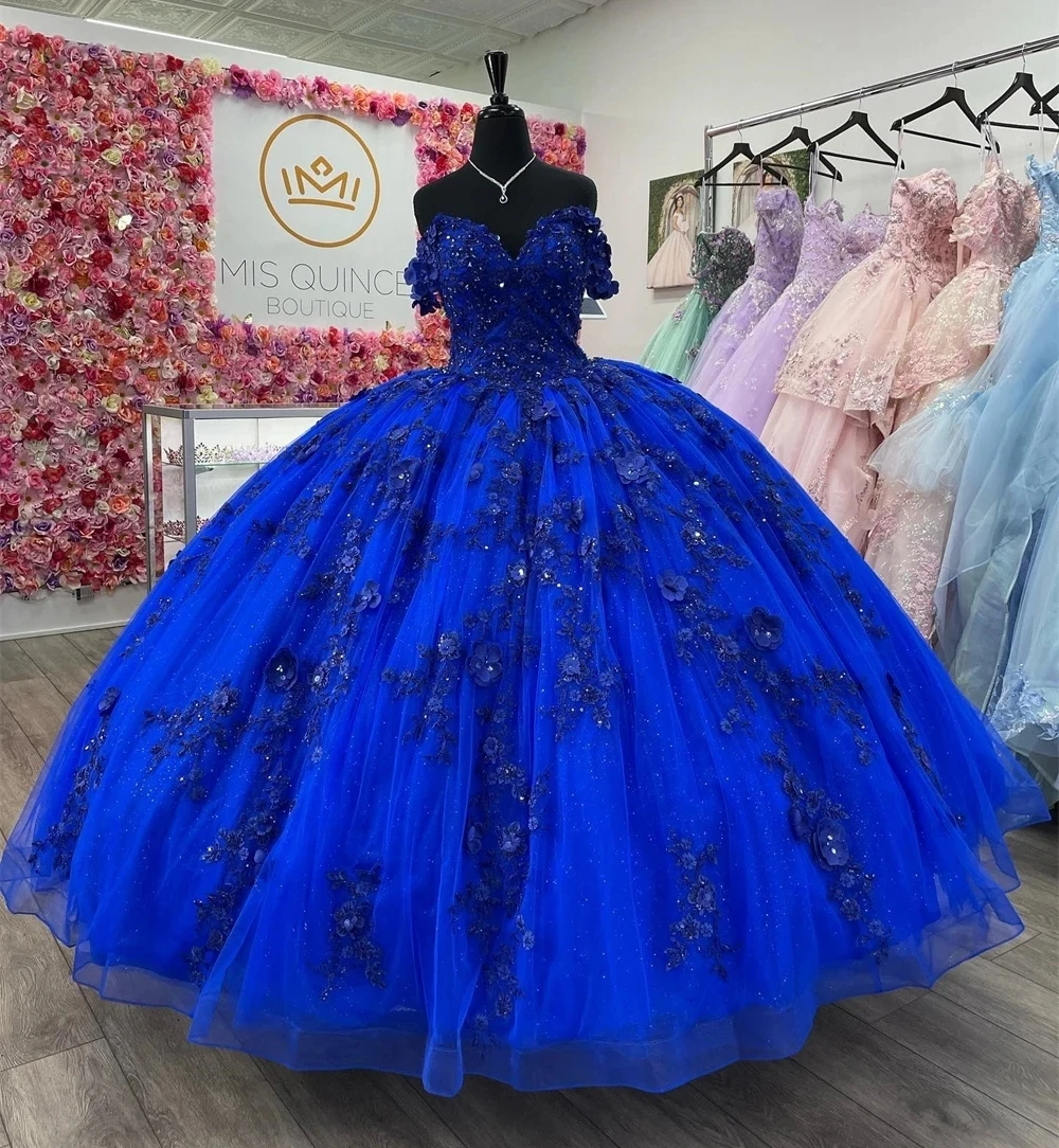 

Royal Blue Princess Quinceanera Dresses Ball Gown Off The Shoulder Appliques Beaded Sweet 16 Dresses 15 Años Mexican